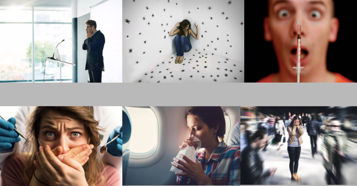 Images montrant plusieurs phobies, l'arachnophobie, la peur du dentiste, le peur de l'avion, la peur de la foule, la peur des aiguilles, la peur de parler en public...